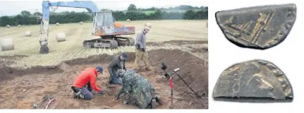  ??  ?? > Archaeolog­ists at the site in the Wem area of Shropshire and some of the Dark Ages silver hoard