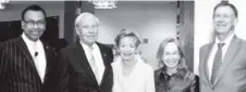  ??  ?? From left, Rohan Christie-David, dean of CU Denver; University of Colorado president Bruce Benson; Marcy Benson; Doris Kearns Goodwin; and Gov. John Hickenloop­er.