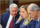  ??  ?? Tex McIver (left) confers with defense attorney Don Samuel during McIver’s murder trial in the fatal 2016 shooting of his wife, Diane.