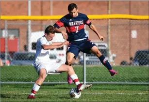  ?? / risportsph­oto.com ?? Central Falls senior Christion Restrepo (7) scored a hat trick to lead the Warriors to an 8-2 Division I road victory over Coventry Tuesday afternoon.