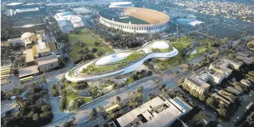  ?? LUCAS MUSEUM OF NARRATIVE ART VIA ASSOCIATED PRESS ARCHIVES ?? This concept design shows a rendering of the proposed George Lucas museum near the Coliseum in Exposition Park in Los Angeles. The "Star Wars" creator and his team announced Tuesday that they have chosen Los Angeles over San Francisco as the home of...