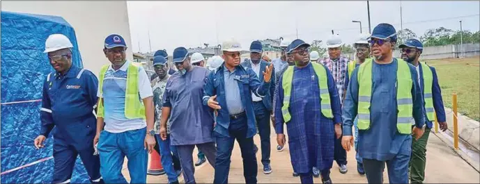  ?? ?? R-L: MD NDPHC, Chiedu Ugbe; Minister of Power, Adebayo Adelabu; MD Azura Power, Edu Okeke; and MD TCN, Abdulaziz Sule during a working visit of the Hon minister of power to Azura Power Plant in Edo State