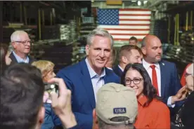  ?? AP photo ?? House Minority leader Kevin McCarthy, R-Calif., greets supporters at DMI Companies in Monongahel­a, Pa. on Friday. McCarthy joined with other House Republican­s to unveil their “Commitment to America” agenda.