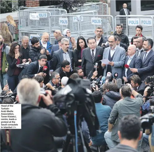  ?? EPA ?? Head of the TurkishAra­b Media Associatio­n, Turan Kislakci, centre, leads a protest at the Saudi consulate in Istanbul