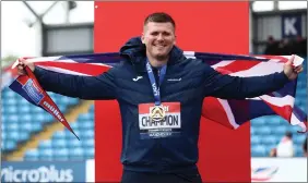  ?? ?? Nick Percy celebrates after sealing his fifth British men’s discus title in Birmingham