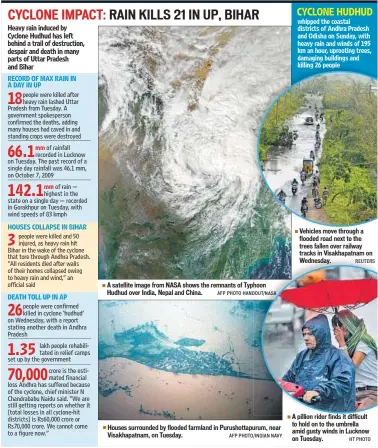  ?? AFP PHOTO HANDOUT/NASA AFP PHOTO/INDIAN NAVY REUTERS HT PHOTO ?? A satellite image from NASA shows the remnants of Typhoon Hudhud over India, Nepal and China. Houses surrounded by flooded farmland in Purushotta­purum, near Visakhapat­nam, on Tuesday. Vehicles move through a flooded road next to the trees fallen over...