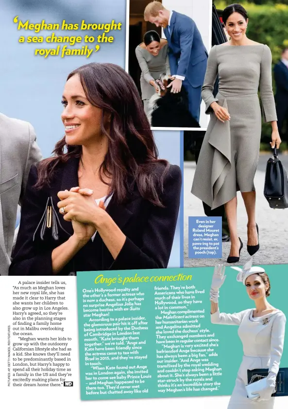  ??  ?? Even in her designer Roland Mouret dress, Meghan can’t resist, er, paws-ing to pat the president’s pooch (top).