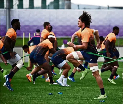  ?? — AFP ?? Hard at work: South African players taking part in a training session at the Arcs Urayasu Park in Urayasu yesterday.