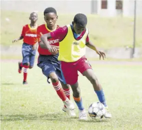  ?? ?? Action from the game between Kingston’s St Aloysius (yellow) and Frankfield of Clarendon in the Insports National Primary Schools Football Competitio­n. St Aloysius won 9-0 on aggregate.