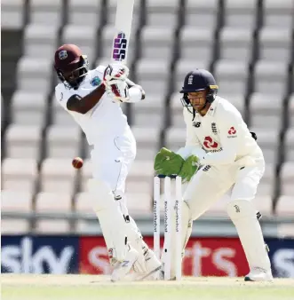  ??  ?? JERMAINE Blackwood’s fighting 95 in the second innings helped the West Indies seal a four-wicket win over England in the first Test at the Rose Bowl yesterday. | ADRIAN DENNIS REUTERS