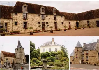  ??  ?? En haut, la ferme de la Motte. En bas à gauche, l’église. En bas au centre, le château. En bas à droite : le manoir du Mesnil.