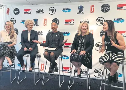  ?? DOUG FEINBERG/THE ASSOCIATED PRESS ?? SheIS executive director Caiti Donovan, left, CWHL commission­er Brenda Andress, WNBA president Lisa Borders, U.S. Tennis Associatio­n president Stacey Allaster and Dr. Jen Welter, first female NFL coach, are leaders in the SheIS initiative.