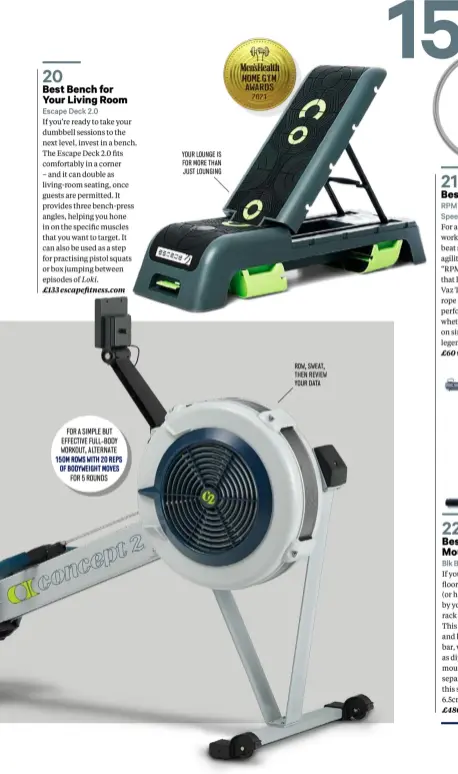  ??  ?? FOR A SIMPLE BUT EFFECTIVE FULL-BODY WORKOUT, ALTERNATE 150M ROWS WITH 20 REPS OF BODYWEIGHT MOVES FOR 5 ROUNDS
YOUR LOUNGE IS FOR MORE THAN JUST LOUNGING
ROW, SWEAT, THEN REVIEW YOUR DATA