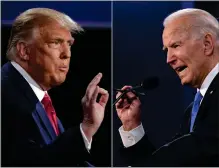  ?? BRENDAN SMIALOWSKI AND JIM WATSON — AFP VIA GETTY IMAGES/ TNS ?? President Donald Trump, left, and Democratic presidenti­al nominee Joe Biden during a 2020 debate. The two are current front-runners in the 2024 presidenti­al race.