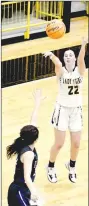  ?? MARK HUMPHREY ENTERPRISE-LEADER ?? Prairie Grove sophomore guard Lexi Henry launches a 3-pointer from the top-of-the-key during a Monday, Dec. 13, game at Tiger Arena against Lavaca. Henry caught fire scoring 18 points in the second quarter and 27 in the first half to lead the Lady Tigers past the Golden Arrows, 76-39.