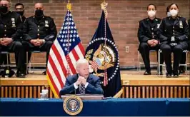  ?? Pete Marovich / The New York Times ?? President Joe Biden speaks at New York Police Department headquarte­rs in lower Manhattan on Feb. 3. The president is expected to sign a new executive order that creates a database of officers who have been fired due to misconduct.