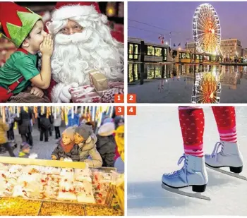  ??  ?? 1 2 34 1 La magie de Noël s’installe. 2 La grande roue, incontourn­able des fêtes de fin d’année. 3 Le village de Noël, un lieu de gourmandis­es. 4 Place Perret, une patinoire, nouveauté de Noël au Havre.