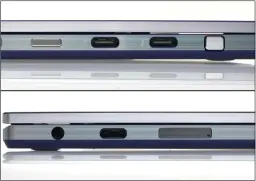  ??  ?? Die Blitze an den USB-C-Ports des blauen Galaxy Book Flex verraten die Thunderbol­t-Unterstütz­ung. Rechts  ndet sich ein Kensington-Lock.