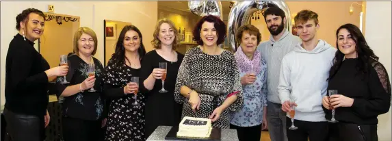  ??  ?? Claire Murphy, Kathleen O’Keeffe, Clodagh Flood, Claire Redmond, Kathleen Redmond, Alice Ryan, John Redmond, Tom Redmond and Regina Farrell at the 30th anniversar­y celebratio­ns at Kathleen’s Hair Salon on South Street New Ross.