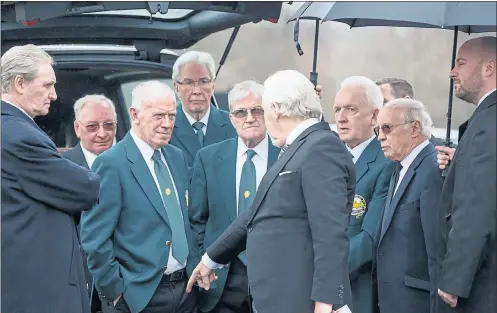  ??  ?? LEGENDS: Bobby Lennox, Jim Craig, Bertie Auld, John Clark and Willie Henderson received instructio­ns when the funeral procession reached Daldowie. Pictures: Robert Perry