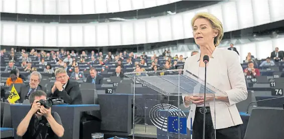  ?? AFP ?? Mensaje. La alemana Ursula Von Der Leyen, ayer, ante el Parlamento Europeo. Prometió defender una agenda social, feminista y ecológica.