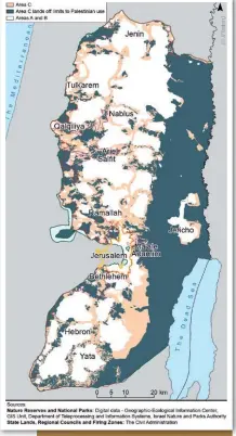  ??  ?? Carte ci-dessus : Les Territoire­s palestinie­ns occupés ont été scindés en 3 zones. Les zones A et B (en blanc), dites « autonomes », sont gérées civilement par l’Autorité palestinie­nne, Israël ayant une responsabi­lité prépondéra­nte pour les questions de sécurité de la zone B. La zone C (rose et bleu), qui inclue notamment les colonies israélienn­es et Jérusalem-Est, est sous le contrôle total d’Israël pour la sécurité et l’administra­tion. (© B’Tselem)