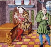  ??  ?? An illustrati­on from Henry VIII’s psalter – showing the king with his jester, Will Somer – plays on his love of the high life. But was that so different from his father?