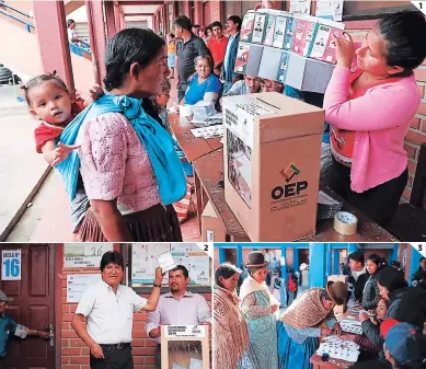  ?? FOTOS: AGENCIA AP ?? (1) 7.3 millones de electores estaban habilitado­s para votar. (2) El actual mandatario Evo Morales votó en Chapare, una zona cocalera de Bolivia. (3) Cientos de mujeres indígenas también votaron en los centros.