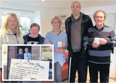  ??  ?? Pam and Jeff Skinner have closed Lane Ends Farm Shop in Sutton (inset). Rossendale Trust tenants went to say goodbye. Adam and Chris (Oakwood attendees) presented them with mugs printed at Rossendale’s Day Activity Service Oakwood. From left are: Mel...