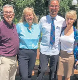  ??  ?? Billy Sweetin and his wife, the Rev Barbara Ann Sweetin of East and Old Church in Forfar, left, with the Rev Catherine McMillan and her husband Peter, who are wearing the Church of Scotland tartan, in the grounds of DubendorfS­chwerzenba­ch Church.