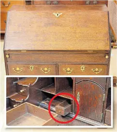  ??  ?? The bureau and, inset, the hidden drawer in which the coin lay