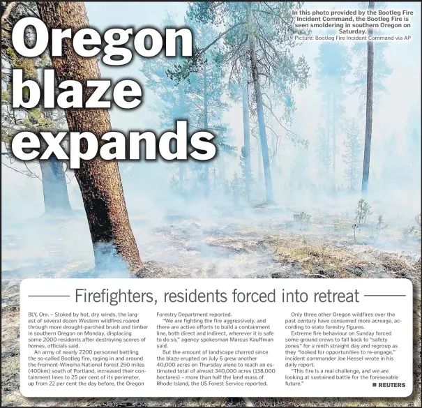  ?? Picture: Bootleg Fire Incident Command via AP ?? In this photo provided by the Bootleg Fire Incident Command, the Bootleg Fire is seen smoldering in southern Oregon on Saturday.