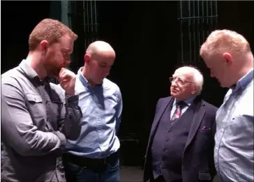  ??  ?? Wexford pipers Mark Redmond, Ned Wall and Brendan Wickham meet President Michael D Higgins. Below: the trio performing in the Abbey Theatre.