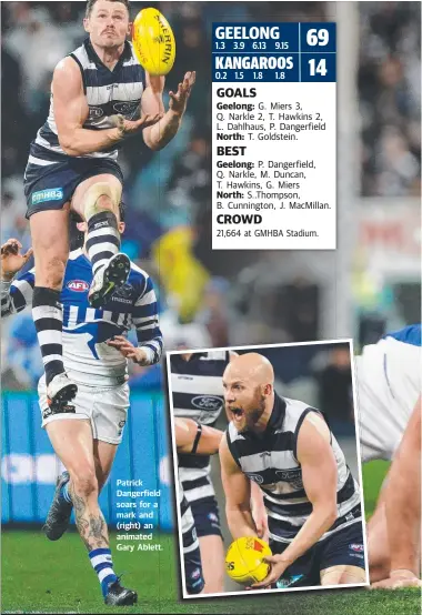  ??  ?? Patrick Dangerfiel­d soars for a mark and (right) an animated Gary Ablett. 1.3 3.9 6.13