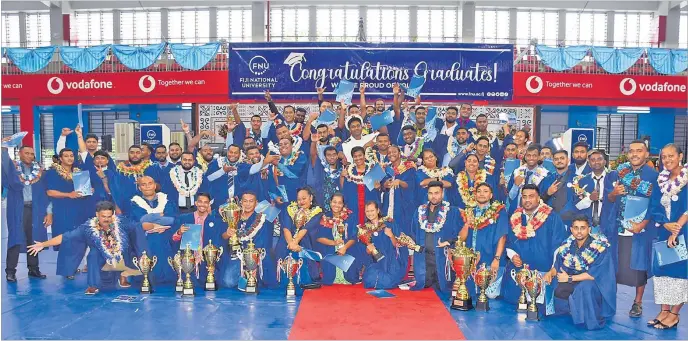  ?? Picture: JONACANI LALAKOBAU ?? Students after the Fiji National University graduation at the Vodafone Arena in Suva on Thursday.