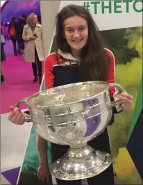  ??  ?? The Camogie Associatio­n didn’t have a trophy to present to Sinéad Furlong after Presentati­onWexford won the All-Ireland Junior ‘B’ title recently, but at least she got her hands on the Sam Maguire Cup last week.