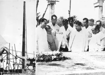  ?? THE HINDU ARCHIVES ?? Controvers­ial structure: Chief Minister M. Karunanidh­i and Ministers K. A. Mathiazhag­an and S. J. Sadiq Pasha inspecting the constructi­on of a memorial pillar at the Anna Samadhi at the Marina on January 23, 1970.