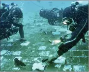  ?? THE HISTORY CHANNEL VIA AP ?? In this photo provided by the HISTORY Channel, underwater explorer and marine biologist Mike Barnette and wreck diver Jimmy Gadomski explore a 20-foot segment of the 1986 Space Shuttle Challenger that the team discovered in the waters off the coast of Florida during the filming of The HISTORY Channel’s new series, “The Bermuda Triangle: Into Cursed Waters,” premiering Nov. 22.