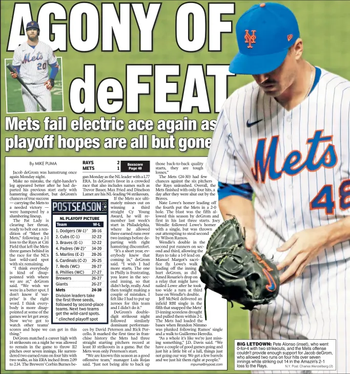  ?? N.Y. Post: Charles Wenzelberg (2) ?? BIG LETDOWN: Pete Alonso (inset), who went 0-for-4 with two strikeouts, and the Mets offense couldn’t provide enough support for Jacob deGrom, who allowed two runs on four hits over seven innings while striking out 14 in the Amazin’s 2-1 loss to the Rays.