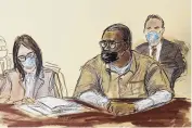  ?? ELIZABETH WILLIAMS/ASSOCIATED PRESS ?? In this courtroom sketch, R. Kelly and his attorney Jennifer Bonjean, left, appear during his sentencing hearing Wednesday. Kelly was sentenced to 30 years in prison.