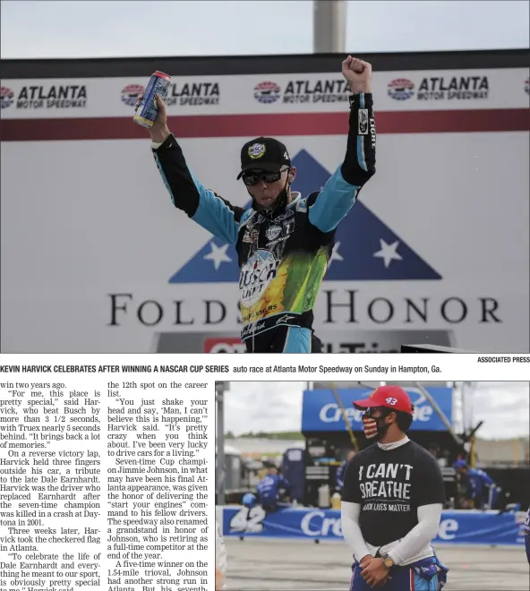  ?? ASSOCIATED PRESS ?? KEVIN HARVICK CELEBRATES AFTER WINNING A NASCAR CUP SERIES auto race at Atlanta Motor Speedway on Sunday in Hampton, Ga.