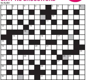  ??  ?? FOR your chance to win, solve the crossword to reveal the word reading down the shaded boxes. HOW TO ENTER: Call 0901 293 6233 and leave today’s answer and your details, or TEXT 65700 with the word CRYPTIC, your answer and your name. Texts and calls cost £1 plus standard network charges. Or enter by post by sending completed crossword to Daily Mail Prize Crossword 16,464, PO Box 28, Colchester, Essex CO2 8GF. Please include your name and address. One weekly winner chosen from all correct daily entries received between 00.01 Monday and 23.59 Friday. Postal entries must be datestampe­d no later than the following day to qualify. Calls/texts must be received by 23.59; answers change at 00.01. UK residents aged 18+, exc NI. Terms apply, see Page 66.