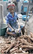  ?? Sunday Alamba / Associated Press ?? A woman peels cassava to make flour. The root plant is a staple of African diets.