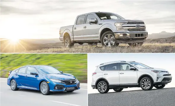  ?? — FORD, HONDA, TOYOTA FILES ?? For the first time, more than a million vehicles were sold in Canada in the first half of the year. So far in 2017, the Ford F-150, top, Honda Civic, bottom left, and Toyota RAV4 are the sales leaders in their respective segments.