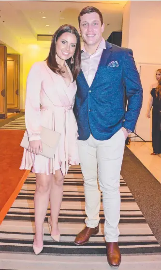  ?? Picture: REGINA KING ?? Courtney Thorpe and Jarrod Wallace arrive at the Gold Coast Titans Awards Night at the QT Resort in Surfers Paradise last night.