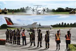  ??  ?? FIRST PAL SIARGAO-CLARK FLIGHT – A Philippine Airlines’ (PAL) recently delivered next-generation Q400 turboprop receives the traditiona­l water salute and later a warm send off at Sayak airport in Siargao, marking PAL’s inaugural Siargao-Clark daily...