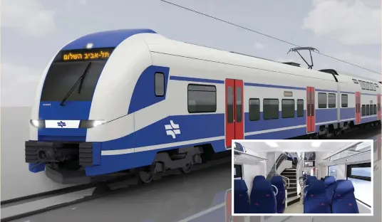  ?? (Israel Railways) ?? THE EXTERIOR and interior of its new electric railway carriages made by Siemens.