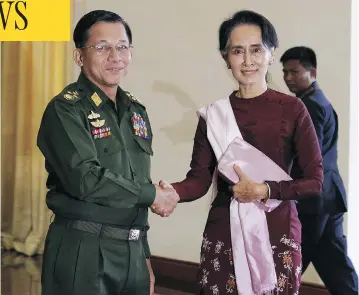  ?? SOE ZEYA TUN / AFP / GETTY IMAGES ?? A United Nations report called for the trial of Gen. Min Aung Hlaing, left, Myanmar’s army’s commander-in-chief, at the Internatio­nal Criminal Court in The Hague, and accused Aung San Suu Kyi, right, the country’s civilian leader and a Nobel Peace Prize laureate of failing to use her “moral authority” to prevent violence against the Rohingya.