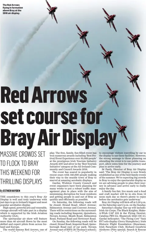 ??  ?? The Red Arrows flying in formation above Bray at the 2016 air display.