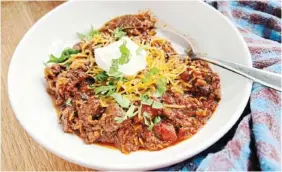  ?? ?? This stovetop, fire-roasted tomato chili con carne is perfect on chilly nights for a casual dinner.
